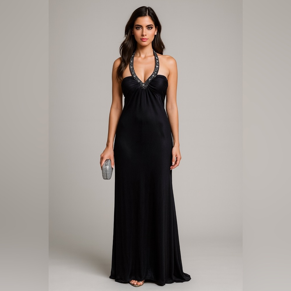 VNTG sequence halter neck open back formal black tie dress dark romantic sexy 16